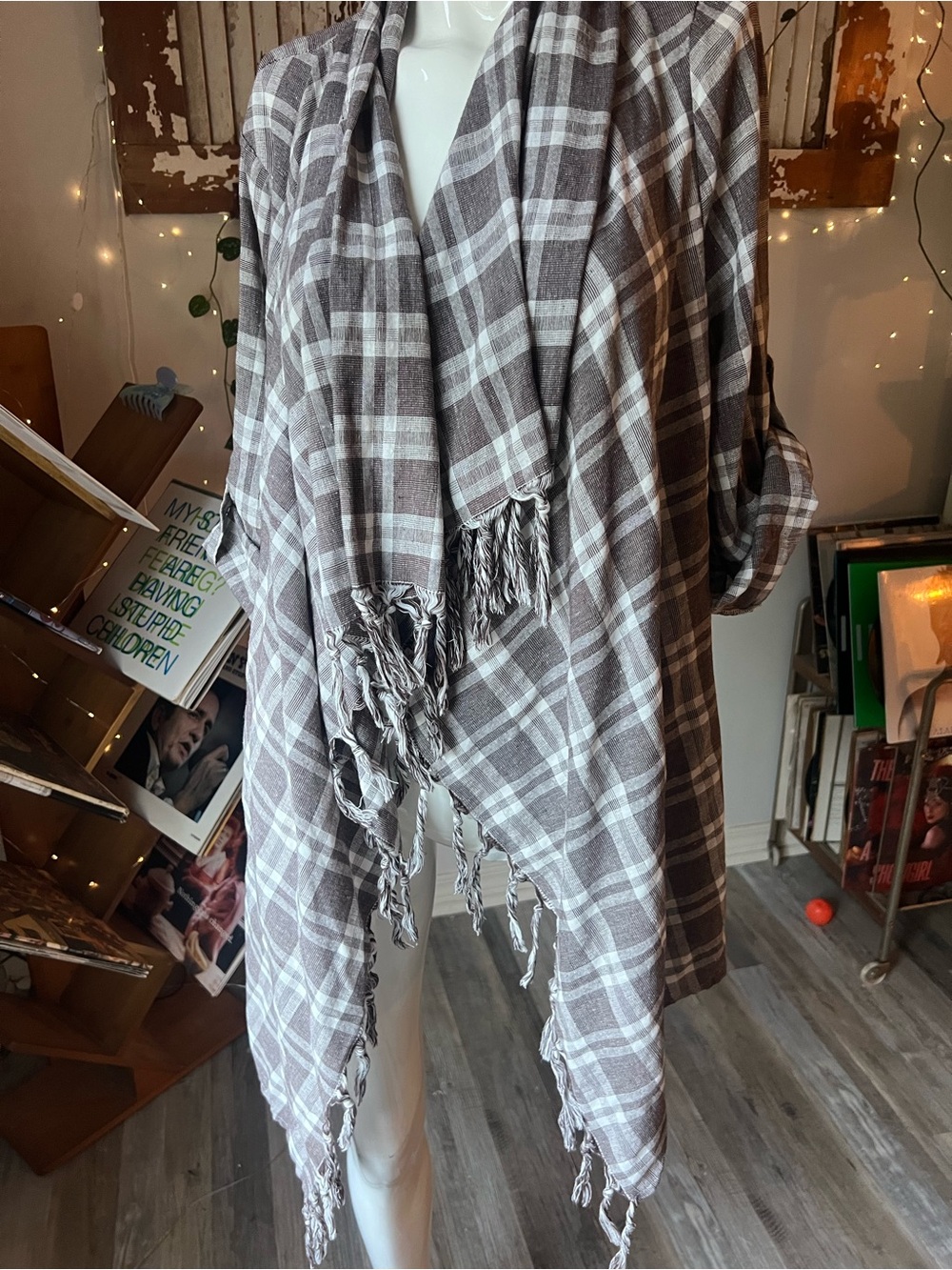 Entro Gray and White Plaid Lightweight Fringe Wrap Jacket